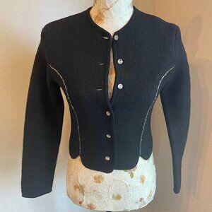 Black Boiled Wool Jacket with Rhinestone Buttons